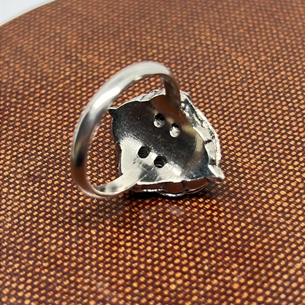 VTG 70s AVON Green Marbled Stone/Marcasite NeoVictorian SilverTone Cocktail Ring - Picture 3 of 4